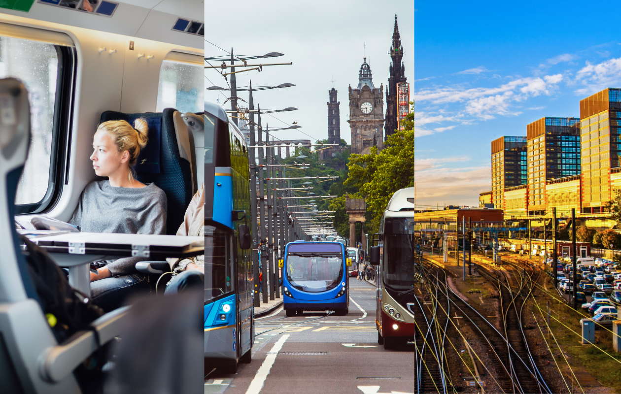 A collage showing different modes of public transport in the UK: a woman traveling by train, city buses on a busy street, and railway tracks beside modern buildings.